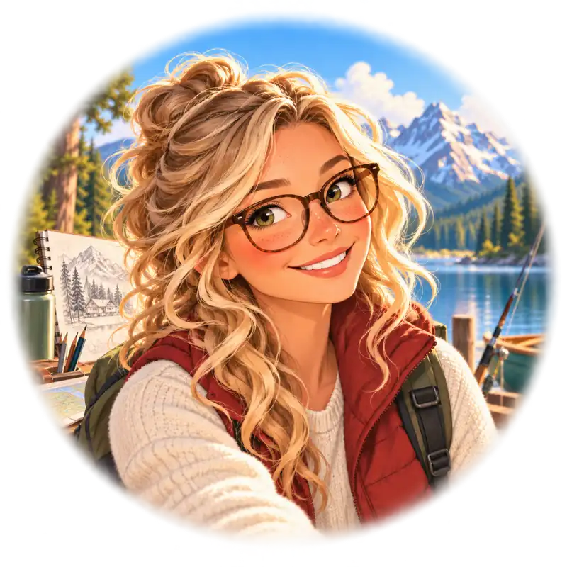 Annie Rae from Skeeter’s Adventures at a mountain lake with sketchbook and outdoor adventure gear