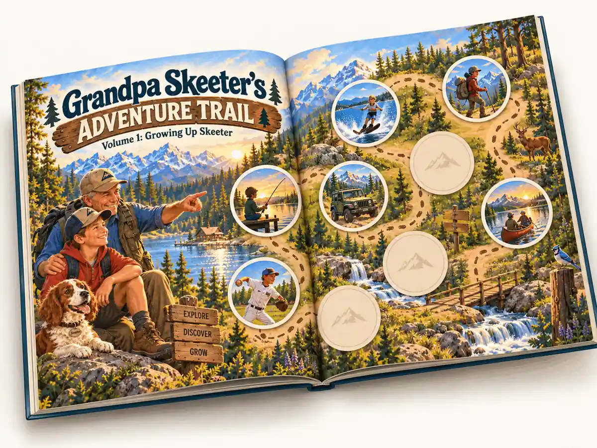 Open Grandpa Skeeter Adventure Trail sticker book showing an illustrated trail and collectible round stickers