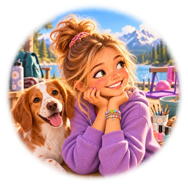 Laci from Skeeter’s Adventures with Oakly, an orange-and-white Brittany spaniel, at a mountain lake