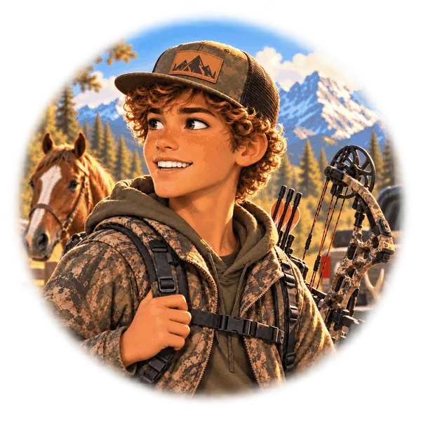 Pard from Skeeter’s Adventures with a compound bow in a mountain adventure setting