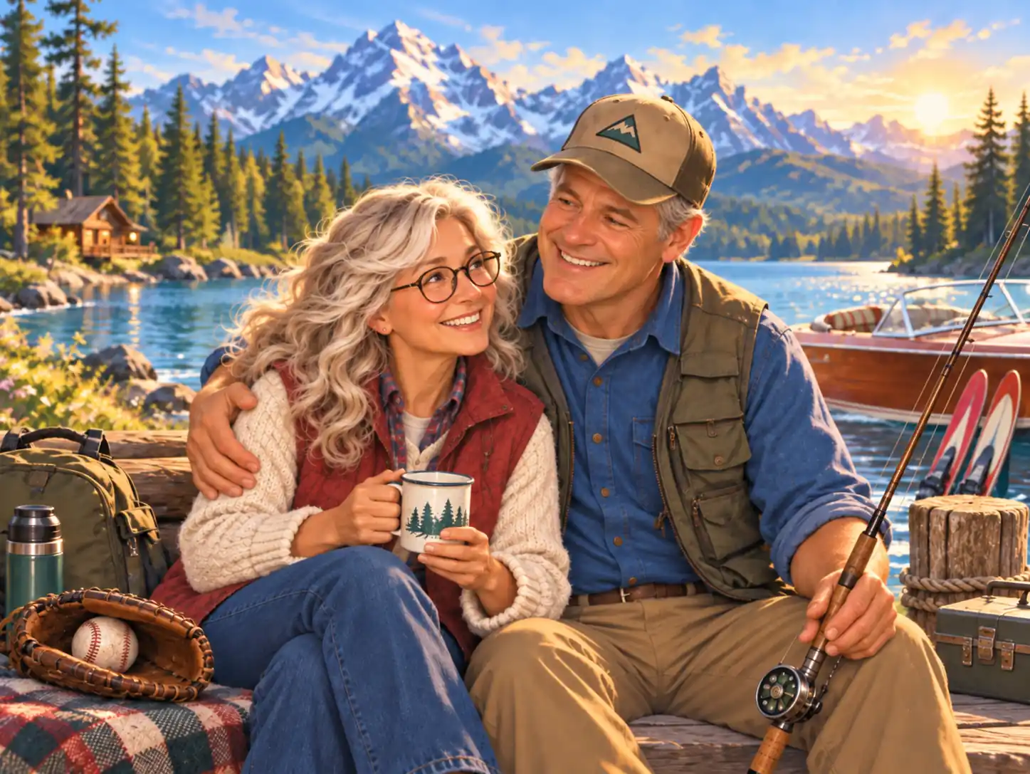 Grandma and Grandpa Skeeter enjoying a lakeside family adventure with fishing gear, water skis, and baseball equipment