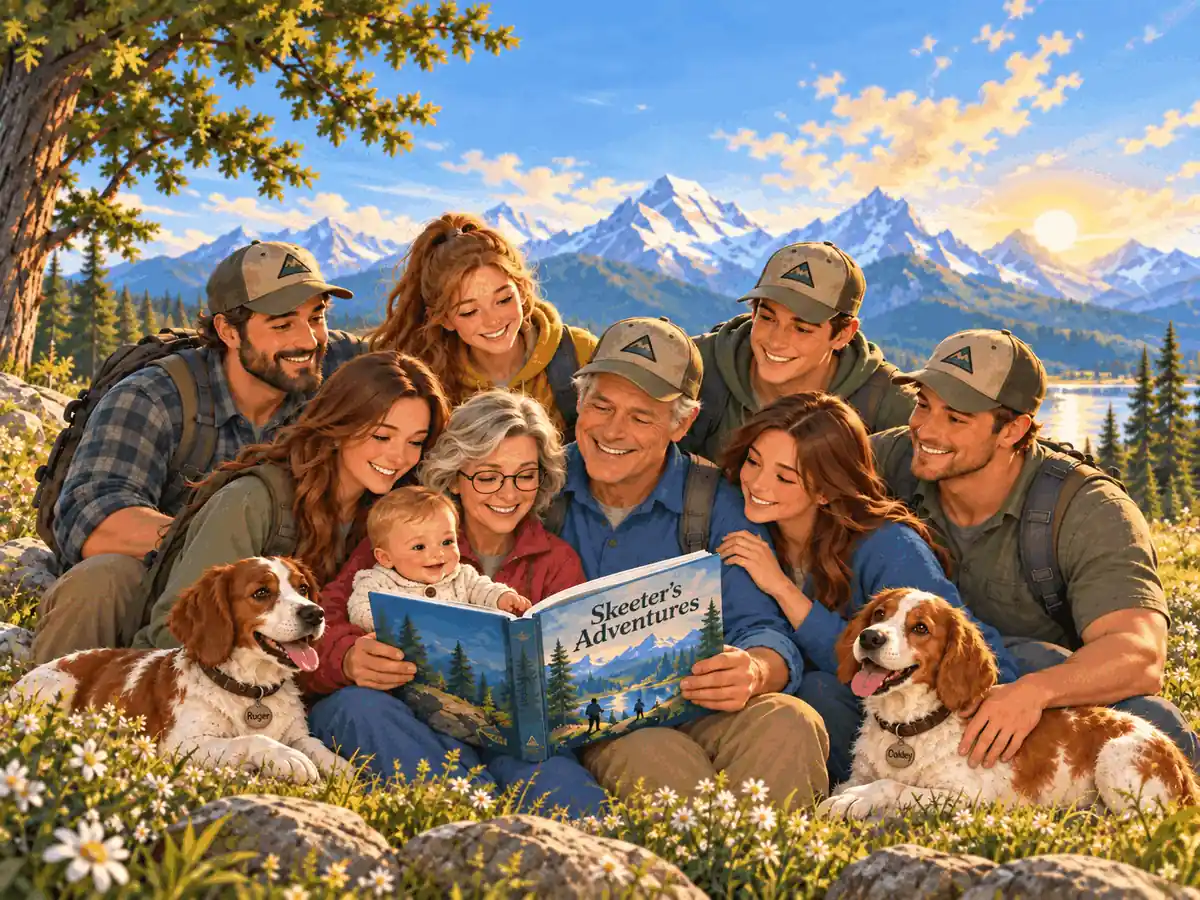 Grandma and Grandpa reading a Skeeter’s Adventures book with their family and dogs in the mountains