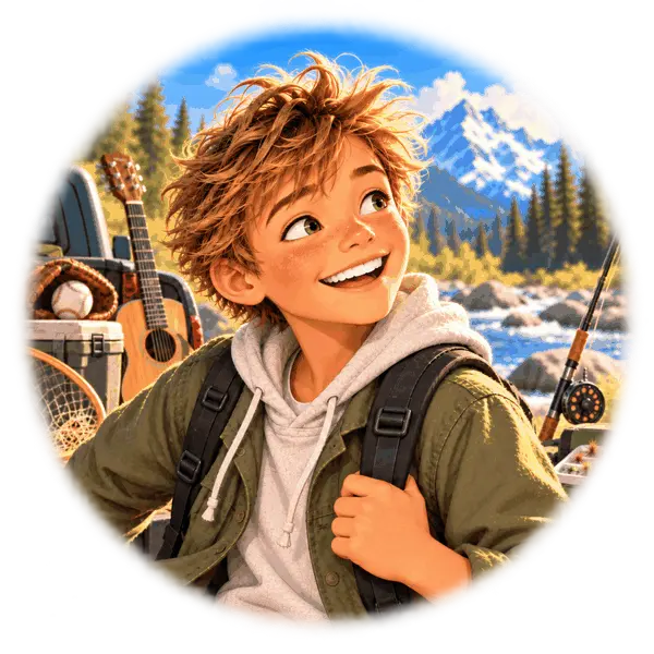 Sneed from Skeeter’s Adventures at a mountain river with fishing gear, baseball, and guitar